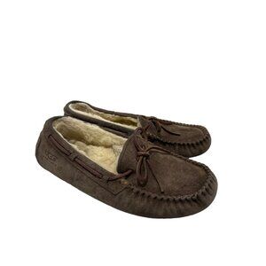 Ugg Sheepskin Lined Brown Leather Moccasin Slippers Size 7 Comfort House Shoe